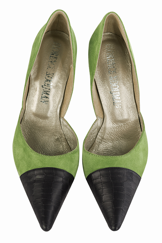 Satin black and grass green women's open arch dress pumps. Pointed toe. Very high slim heel. Top view - Florence KOOIJMAN